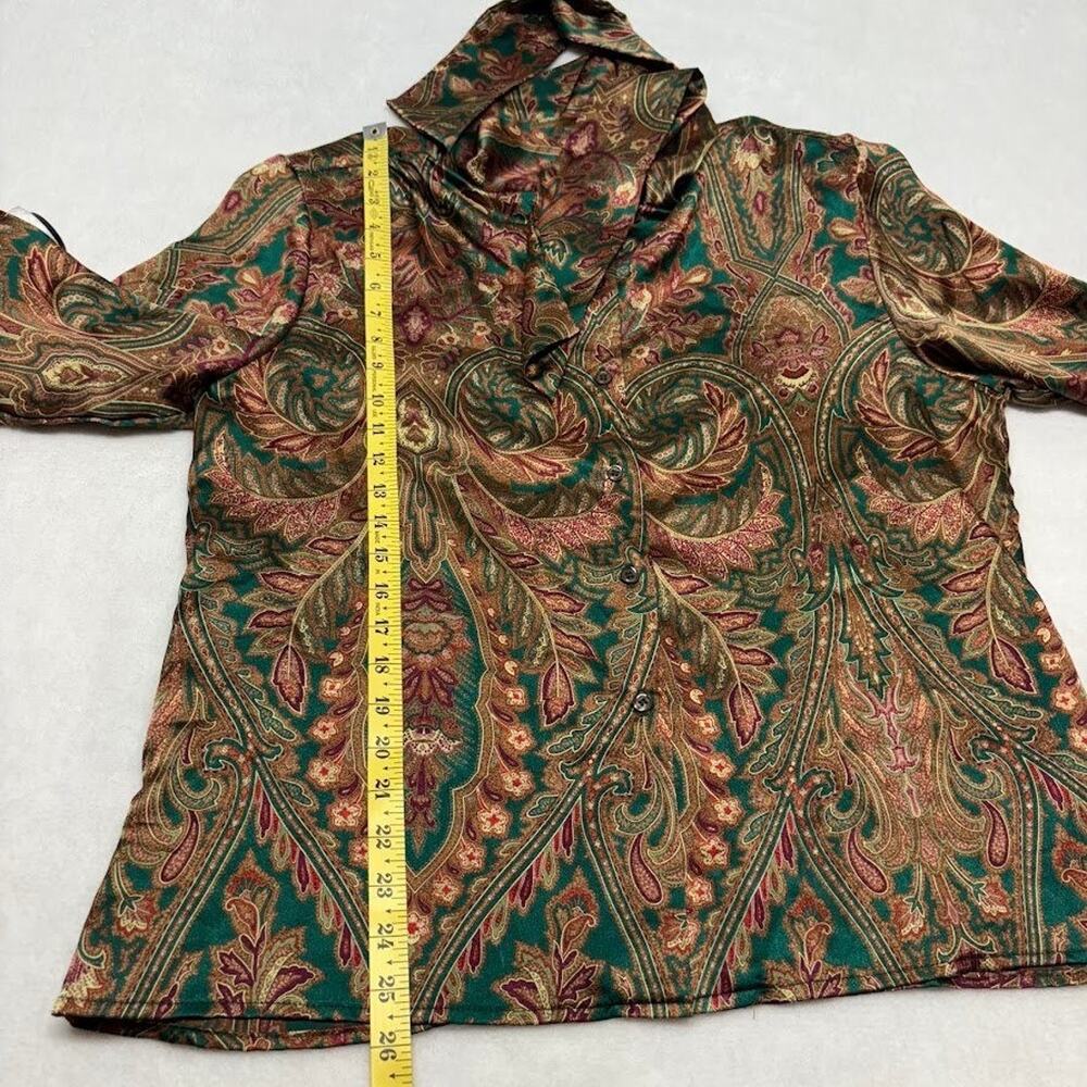 VTG RUSS Paisley Print Tie Neck Blouse Faux Silk Shirt Gold Green Womens Size 16 - Picture 9 of 12
